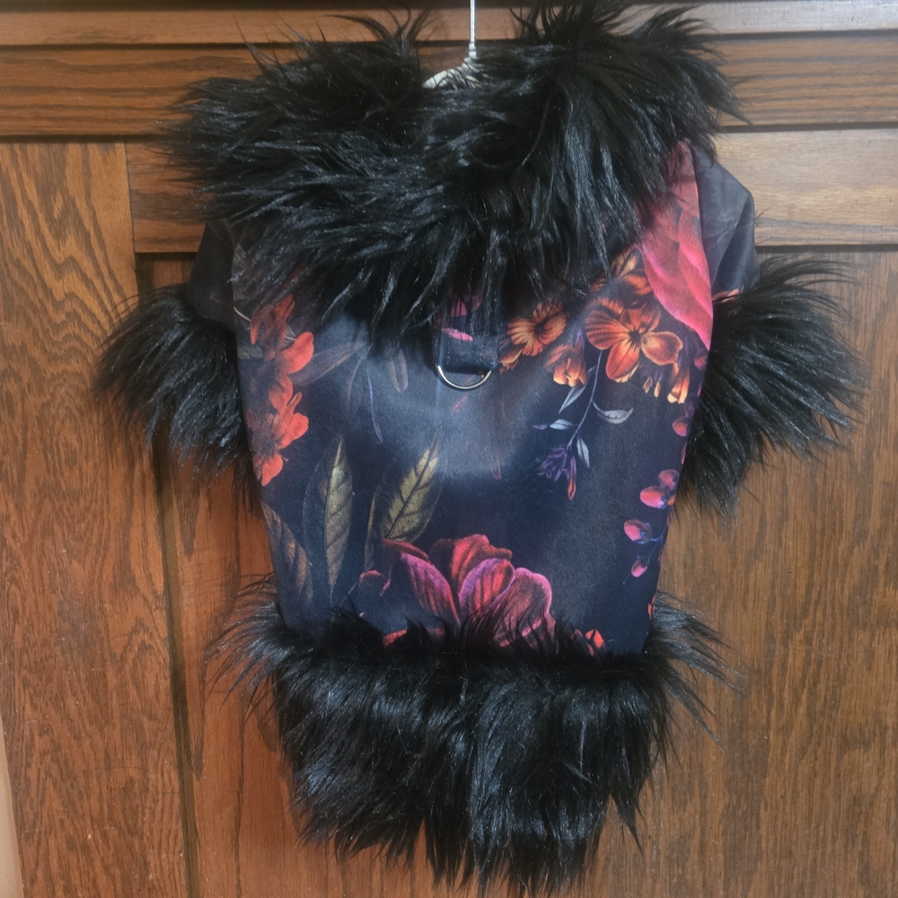 Floral Black Fur-Trimmed Dog Jacket